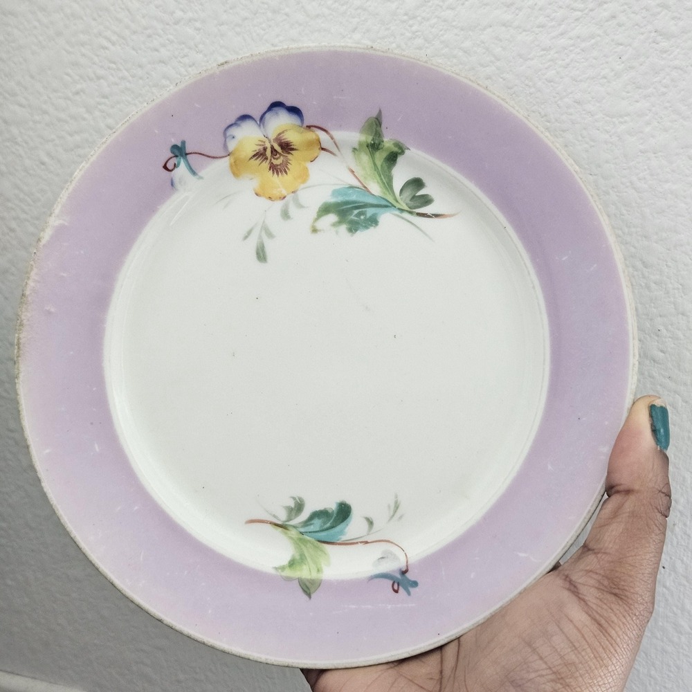 Antique hand painted decorative plate light purple/lavender edge floral‎ design